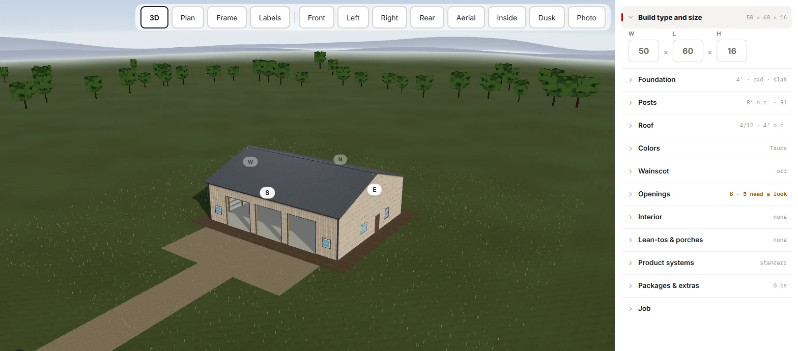 The Atlas takeoff builder: a post-frame building in 3D beside the settings rail for foundation, posts, roof, colors, wainscot and openings.