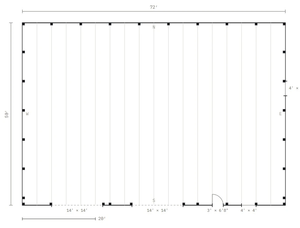 A dimensioned plan sheet with post spacing, purlin lines and opening callouts.
