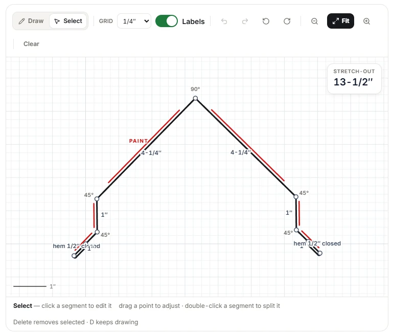 The Trim Draw editor: a ridge cap cross-section drawn on a quarter-inch grid, with a 90 degree peak, 4-1/4 inch legs, 45 degree bends, one-inch drops and half-inch closed hems. A red line marks the painted face and a stretch-out readout says 13-1/2 inches.