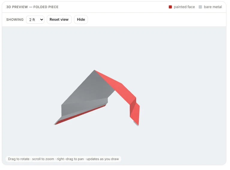 The 3D preview of the same trim piece folded, two feet long, with the painted face in red and bare metal in gray.
